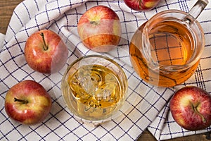 Ice cold homemade apple juice in a glass with ice cube