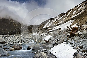 Ice cold Lachung river flowing out of glacier at Yumesamdong, Zero point, Sikkim, India. Altitude of 15,300 feet, last outpost of