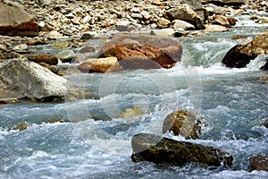 Ice cold Lachung river flowing out of glacier at Yumesamdong, Zero point,Sikkim, India. Altitude of 15,300 feet, last outpost of