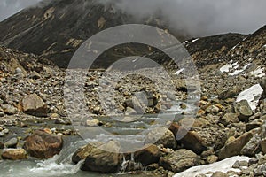 Ice cold Lachung river flowing out of glacier at Yumesamdong, Zero point,Sikkim, India. Altitude of 15,300 feet, last outpost of