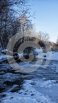 Ice covered river in winter