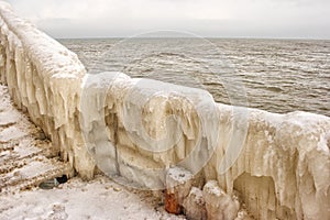 Ice covered staircase on the beach