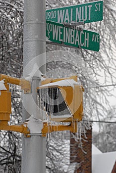 Ice covered street sign