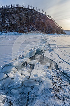 Ice crack at the Baikal lake coast