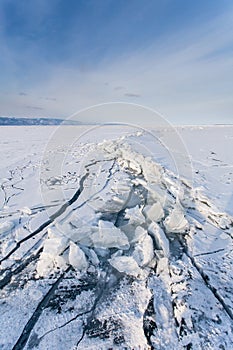 Ice crack at the Baikal lake coast