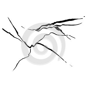 Ice crack realistic sketch Black line isolated no white. Fissure broken earth effect transparent background. Icy