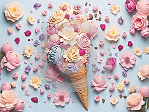 Ice cram cone with flowers on pastel blue background, generative ai photo