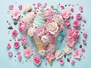 Ice cram cone with flowers on pastel blue background, generative ai photo