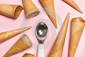 Ice cram cones on pink background photo