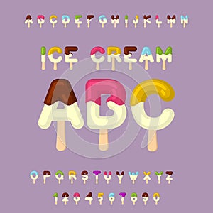 Ice cream ABC. Popsicle alphabet. Cold sweets font. Food typography. Edible letters. dessert lettering