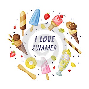 Ice Cream as Frozen Dessert and Snack with Inscription Round Vector Composition