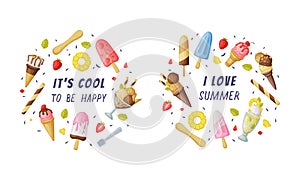 Ice Cream as Frozen Dessert and Snack with Inscription Round Vector Composition Set