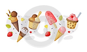 Ice-cream as Sweet Frozen Dessert Food and Snack Vector Composition Set