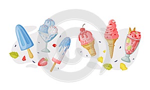 Ice-cream as Sweet Frozen Dessert Food and Snack Vector Composition Set