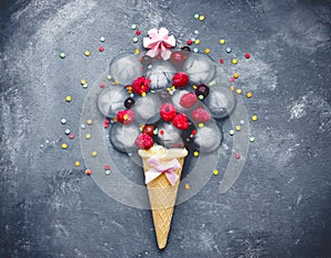 Ice cream association concept frozen berries and ice cream sugar sprinkles