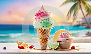 ice cream on the background of the beach and palm trees. Selective focus.