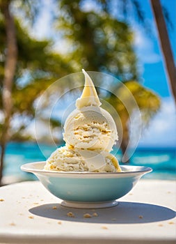 ice cream on the background of the beach and palm trees. Selective focus.