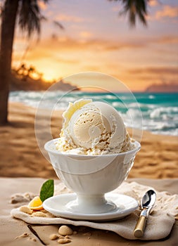 ice cream on the background of the beach and palm trees. Selective focus.