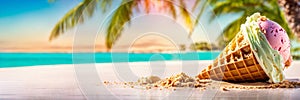 ice cream on the background of the beach and palm trees. Selective focus.