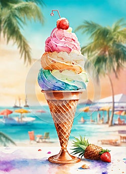 ice cream on the background of the beach and palm trees. Selective focus.