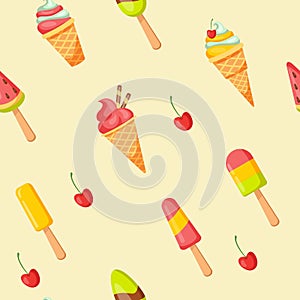 Ice cream background. Sugar dessert cute cartoon pattern. Vector colorful wallpaper with sweet ice cream