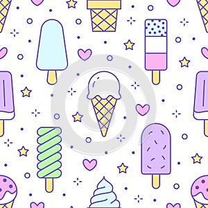 Ice cream background, sweet food seamless pattern. Vanilla icecream, frozen yogurt, popsicle lolly line icons. Summer