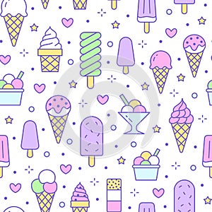 Ice cream background, sweet food seamless pattern. Vanilla icecream, frozen yogurt, popsicle lolly line icons. Summer