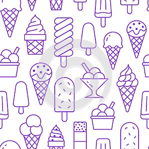 Ice cream background, sweet food seamless pattern. Vanilla icecream, frozen yogurt, popsicle lolly line icons. Summer