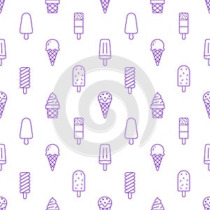 Ice cream background, sweet food seamless pattern. Vanilla icecream, frozen yogurt, popsicle lolly line icons. Summer