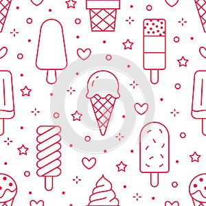 Ice cream background, sweet food seamless pattern. Vanilla icecream, frozen yogurt, popsicle lolly line icons. Summer