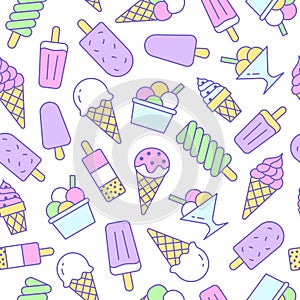 Ice cream background, sweet food seamless pattern. Vanilla icecream, frozen yogurt, popsicle lolly line icons. Summer