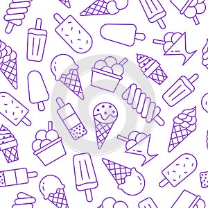 Ice cream background, sweet food seamless pattern. Vanilla icecream, frozen yogurt, popsicle lolly line icons. Summer