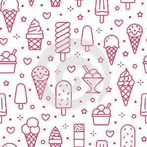 Ice cream background, sweet food seamless pattern. Vanilla icecream, frozen yogurt, popsicle lolly line icons. Summer photo