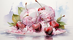 Ice cream ball with fresh cherries and cherry syrup. Illustration for advertising, poster, banners. Photo Ai generated