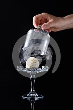 Ice cream ball on the glass cake stand and steam ander glass dome