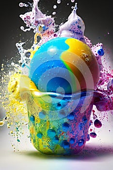 An ice cream ball popped into a colorful ice cream cone with splattering cream.