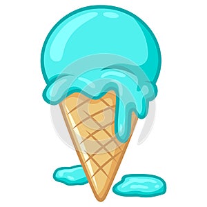 Ice Cream Ball Waffle Cone Melting Illustration Cartoon