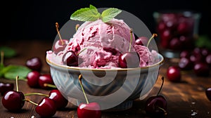 Ice cream balls with fresh cherries and cherry syrup. Food texture photography. Ai generated