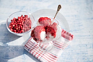 Ice cream balls with jam from red cranberries in a glass creamer, berries in focus.