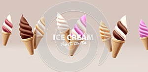ice cream banner with 3d icons of softserve twisted ice cream in waffle cones