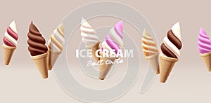 ice cream banner with 3d icons of softserve twisted ice cream in waffle cones photo