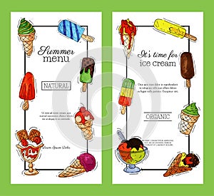 Ice cream banner summer natural fresh and cold sweet food vector illustration. Healthy homemade tasty dairy cone