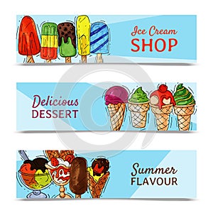 Ice cream banner summer natural fresh and cold sweet food vector illustration. Healthy homemade tasty dairy cone