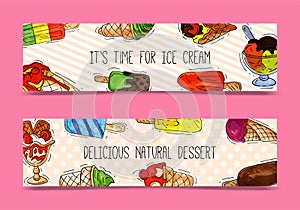 Ice cream banner summer natural fresh and cold sweet food vector illustration. Healthy homemade tasty dairy cone
