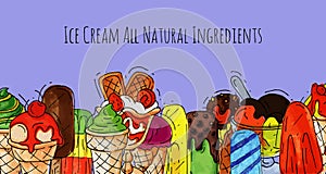 Ice cream banner summer natural fresh and cold sweet food vector illustration. Healthy homemade tasty dairy cone