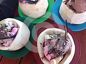 Ice cream batok kelapa is a refreshing street snack in Aceh