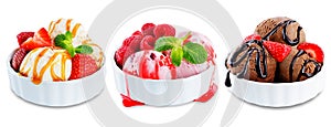 Ice cream with berries and mint leaves in a bowl on a white background