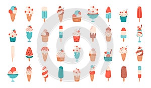 Ice cream big set. Ice cream cone with different flavors, ice lolly, ice cream in glass. Summertime, hello summer. Hand