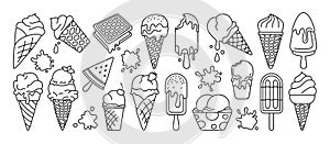 Ice cream black line icon set sweet splash vector
