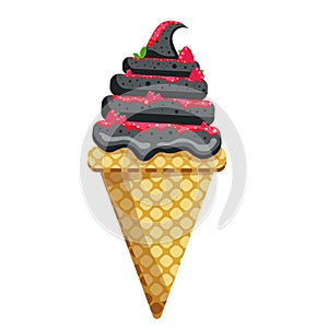 Ice cream black sesame scoops waffle cone raspberry jam. on white background. Vector Illustration.